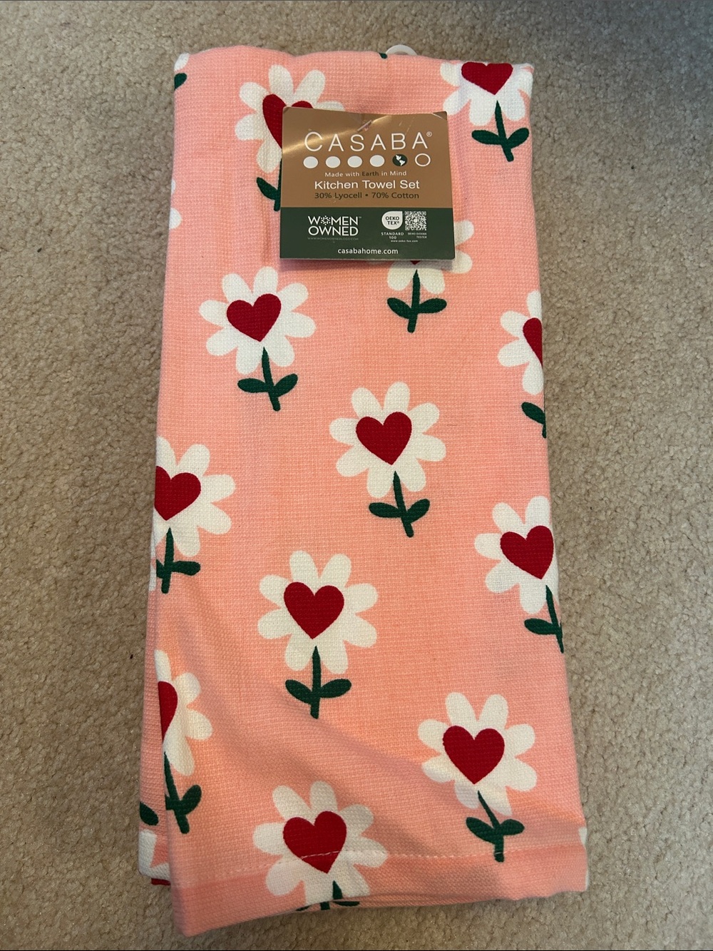 Saba Pink Daisy Heart Kitchen Towel Set